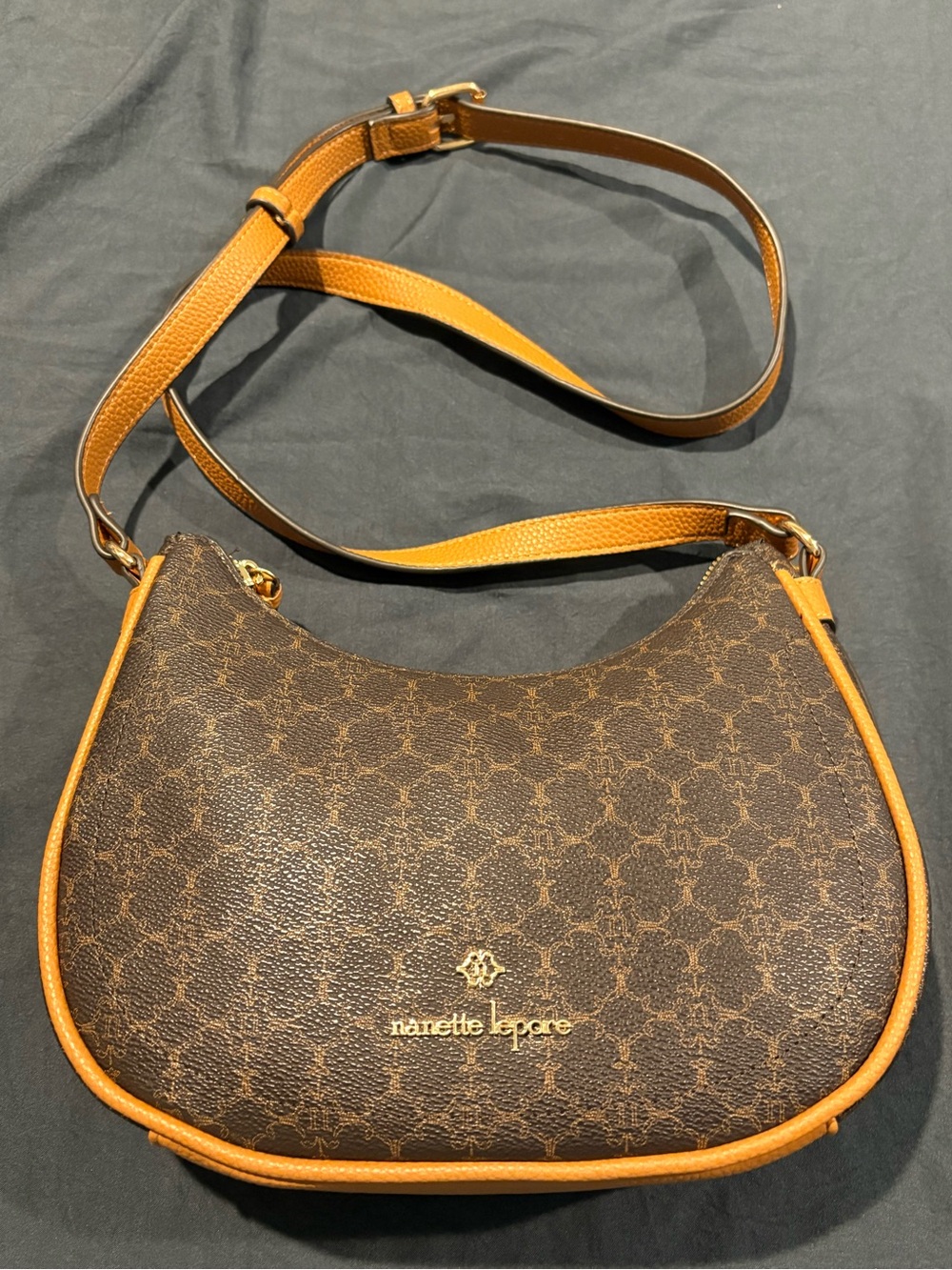 Nanette Lepore Brown Monogram Hobo Bag with Tan Trim and Strap